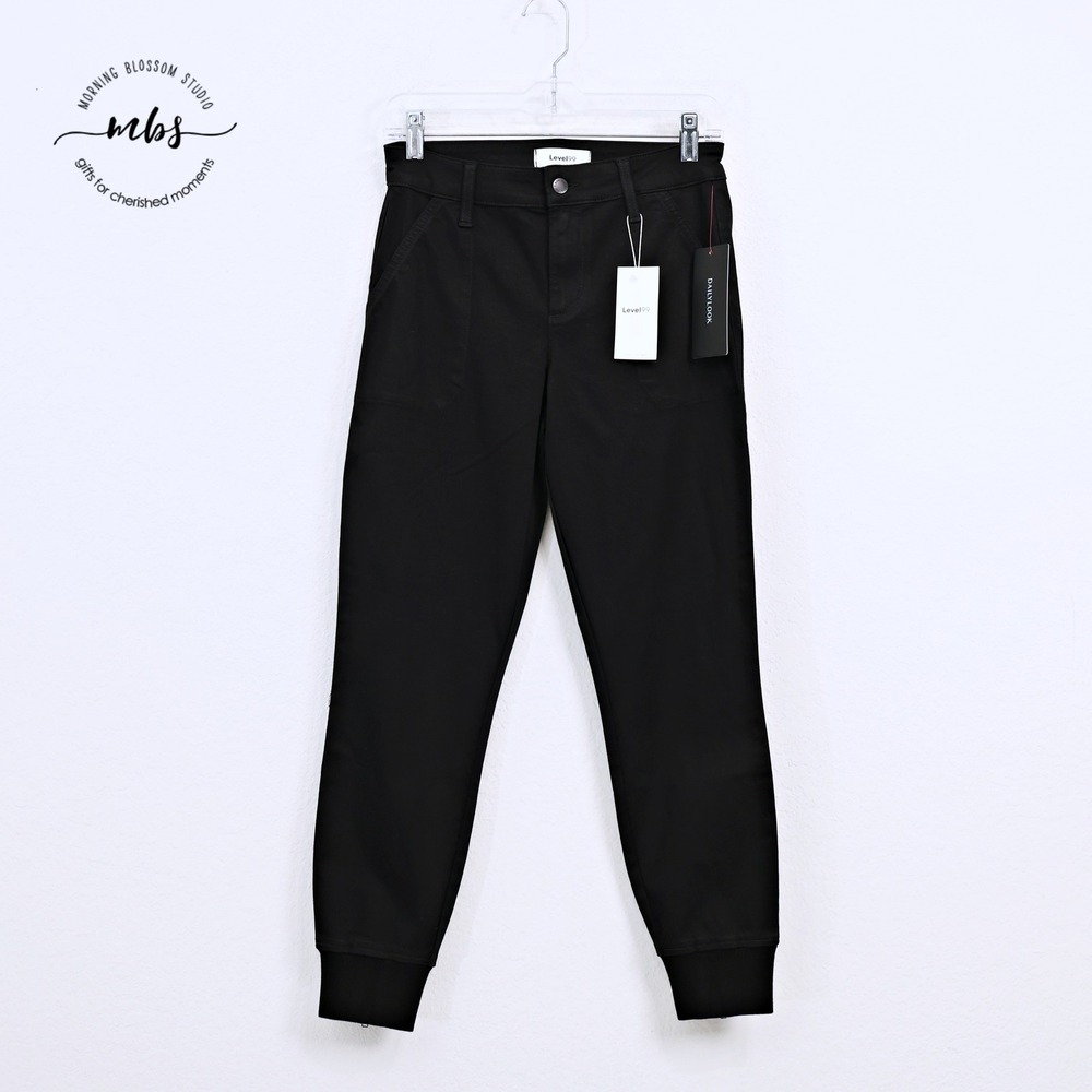 NWT Level 99 Utility Stretch Mid Rise Knit Tapered Jogger Pants Black Women 26